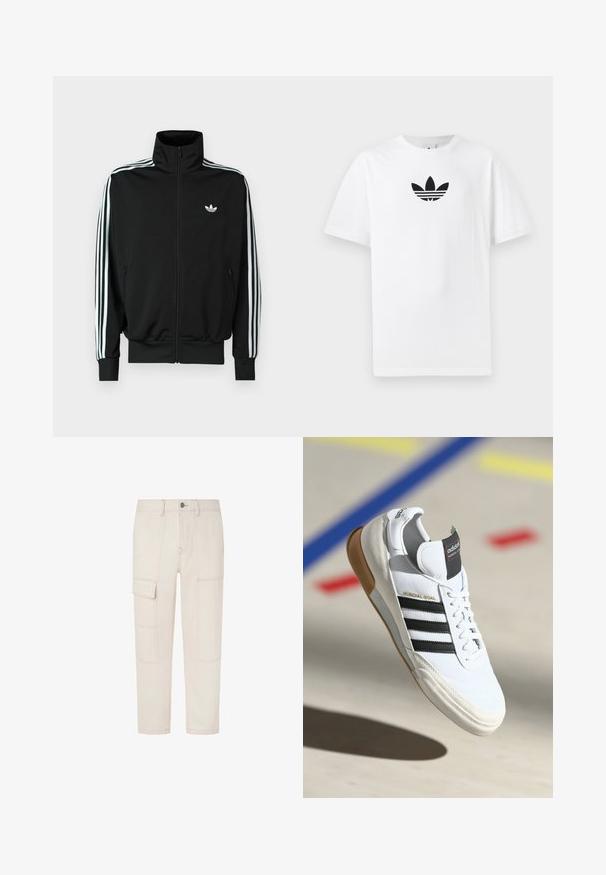 Juoda užsegama striukė su aukšta apykakle, ilgomis rankovėmis su trimis baltomis juostelėmis ir mažuoju logotipu ant krūtinės. Lygus audinio paviršius.; Baltas medvilnės marškinėliai su juodu Adidas logo centre. Trumpomis rankovėmis ir apvalia kaklo iškirpte. Lygus audinys.; Šviesiai rudos spalvos krovinių kelnės su daugeliu kišenių, tiesiomis kojomis, matomu siuvimu ir sagos uždarymu juosmens srityje.; Balti Adidas Mundial Goal sportiniai batai su juodomis juostelėmis ir guminiu padu, pavaizduoti ore virš sporto aikštelės grindų su spalvotomis linijomis.