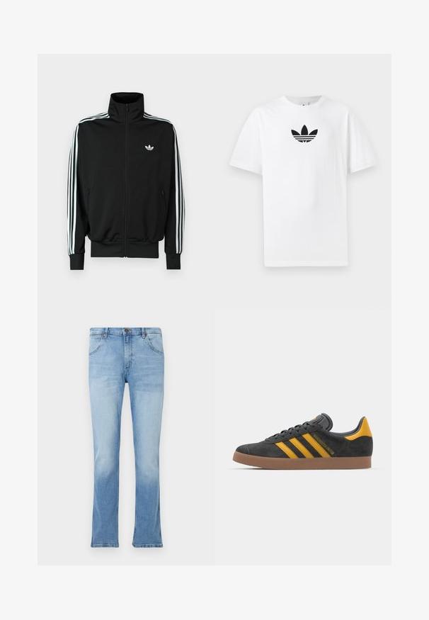 Juoda užsegama striukė su aukšta apykakle, ilgomis rankovėmis su trimis baltomis juostelėmis ir mažuoju logotipu ant krūtinės. Lygus audinio paviršius.; Baltas medvilnės marškinėliai su juodu Adidas logo centre. Trumpomis rankovėmis ir apvalia kaklo iškirpte. Lygus audinys.; Šviesiai mėlynos džinsinės kelnės su išsiplėtusiais kojų galais, penkių kišenių dizainu ir sidabro spalvos detalėmis. Apačioje spalva pereina nuo šviesesnės iki tamsesnės mėlynos.; Juodas zomšinės sportbačiai su geltonais akcentais, turintys tris juosteles ir rudą gumos padą. Apima paminkštintą liežuvėlį patogumui.