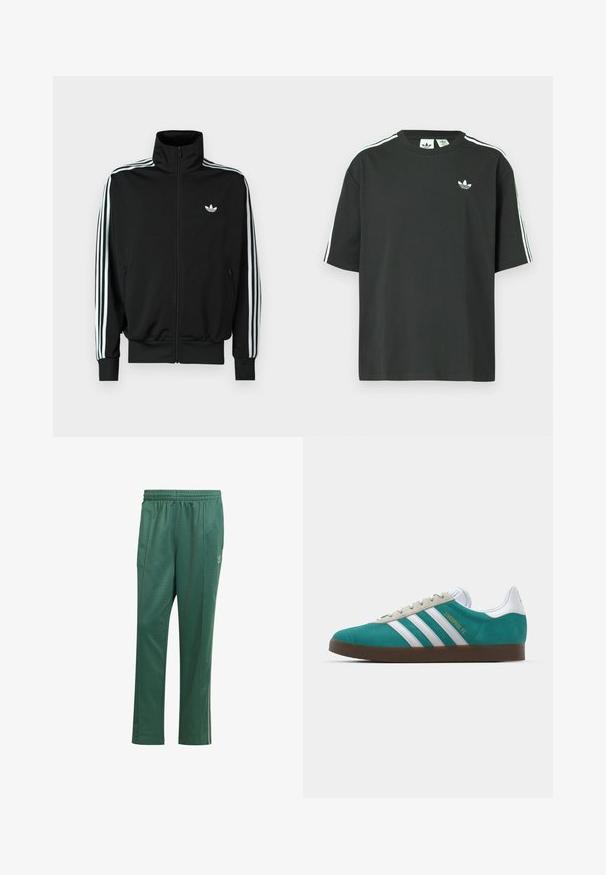 Casaco preto com fecho éclair, gola alta, mangas compridas com três riscas brancas e um pequeno logótipo no peito. Textura de tecido lisa.; T-shirt preta de algodão com mangas curtas, gola redonda e detalhe branco de três riscas nos ombros. Apresenta um pequeno logotipo branco no peito.; Calças de atletismo verdes, confeccionadas em tecido suave, com um cós elástico, costuras laterais e um pequeno detalhe de logótipo na perna esquerda.; adidas Originals ADIDAS GAZELLE SHOES - Botas de futebol de salão - liverpool fc/sea green/footwear white