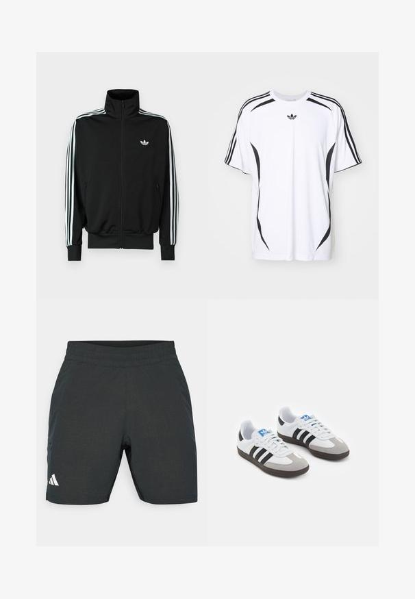 Schwarze Jacke mit Reißverschluss, hohem Kragen, langen Ärmeln mit drei weißen Streifen und einem kleinen Logo auf der Brust. Glatte Stoffstruktur.; Weißes Kurzarm-T-Shirt mit schwarzen seitlichen Akzenten und drei schwarzen Streifen auf den Schultern. Enthält ein kleines schwarzes Logo auf der Brust.; Schwarze Sportshorts mit strukturiertem Muster, elastischem Bund und Seitentaschen. Mit einem weißen Logo auf der unteren linken Seite.; Sportschuhe mit einem Obermaterial aus weißem Leder, grauer Wildleder-Zehenkappe und drei schwarzen Streifen. Sie verfügen über ein blaues Logo auf der Zunge und eine strukturierte Gummisohle.