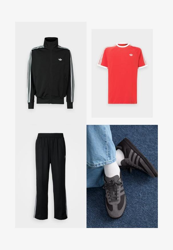 Μαύρο τζάκετ με φερμουάρ, ψηλό γιακά, μακριά μανίκια με τρεις λευκές ρίγες και μικρό λογότυπο στο στήθος. Λείο ύφασμα.; Κόκκινο βαμβακερό μπλουζάκι με λευκό γιακά και λευκές λεπτομέρειες στα μανίκια. Έχει σχεδιασμό τριών λευκών ρίγων στους ώμους και ένα μικρό λευκό λογότυπο στο στήθος.; Μαύρο αθλητικό παντελόνι με ελαστική μέση, διαθέτει λευκές ρίγες στο πλάι και ένα μικρό λογότυπο. Το υλικό φαίνεται μαλακό και ελαφρύ.; adidas Originals SAMBA OG - Αθλητικά παπούτσια - core black/grey six