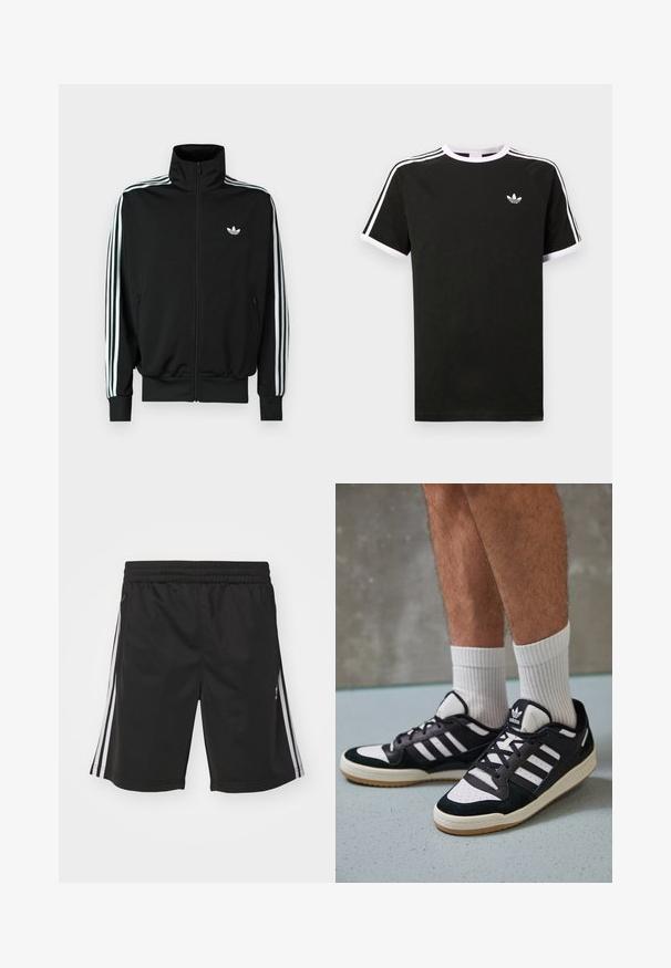 Czarna kurtka na zamek z wysokim kołnierzem, długimi rękawami ozdobionymi trzema białymi paskami oraz małym logo na piersi. Gładka faktura tkaniny.; Czarny t-shirt wykonany z bawełny z białymi akcentami. Posiada krótkie rękawy, fason raglanowy oraz małe logo na klatce piersiowej. Trzy białe paski na ramionach.; Czarne spodenki sportowe z elastycznym pasem, z białymi paskami po bokach i gładką strukturą materiału. Brak dodatkowych ozdób.; Czarno-białe sneakersy z zamszową i skórzaną cholewką, z trzema białymi paskami, perforowanym czubkiem i gumową podeszwą w kolorze gumy.