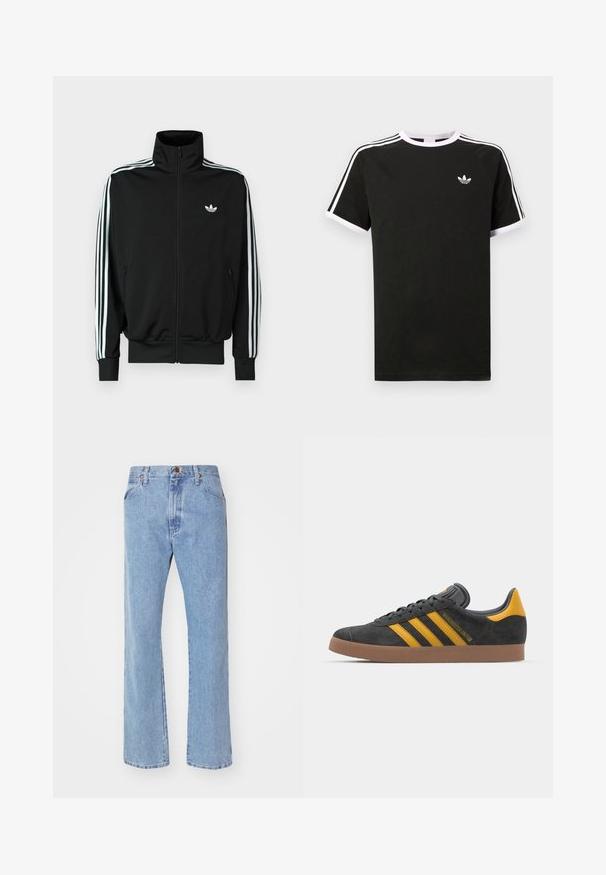 Must zip-up jope kõrge krae, pikad varrukad, millel on kolm valget triipu, ning väike logo rinnal. Sile kangapind.; Must mustvalge T-särk, millel on valged detailid. Lühikesed varrukad, raglani disain ja väike logo rinnal. Õlgadel kolm valget triipu.; Heledad sinine teksapüksid, kõrge vöökoht, sirge jalg ja esiküljel taskud. Omab vaskset riistvara ja peent kulumist.; Mustad sametist spordijalatsid kollaste aktsentidega, millel on kolm triipu ja pruun kummitald. Mugavuse tagamiseks on neil pehmendatud keele osa.