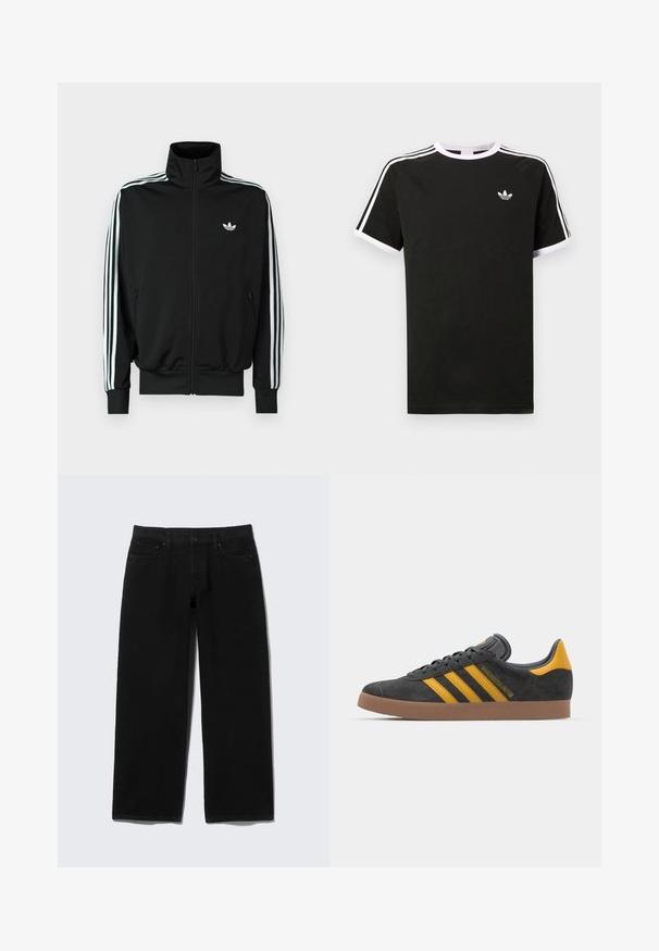 Sort lynlåstrøje med høj krave, lange ærmer med tre hvide striber og et lille logo på brystet. Glat stoftekstur.; Sort t-shirt lavet af bomuld med hvide accenter. Har korte ærmer, raglan-design og et lille logo på brystet. Tre hvide striber på skuldrene.; Sorte jeans med vide ben lavet af denim med fem lommer, lynlås foran og kontrasterende syningsdetaljer.; Sort suedet sneaker med gule accenter, der har tre striber og en brun gummisål. Inkluderer en polstret tunge for komfort.