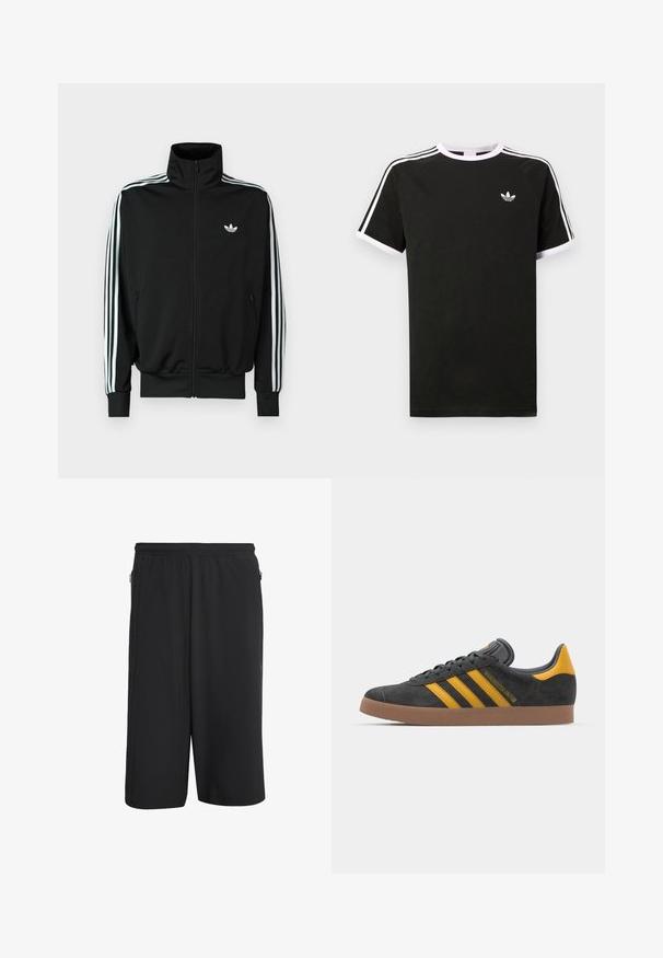 Melna rāvējslēdzēja jaka ar augstu apkakli, garām piedurknēm un trim baltām svītrām, kā arī nelielu logotipu uz krūtīm. Gluda auduma tekstūra.; Melna kokvilnas T-kreklu ar baltajiem akcentiem. Iezīmes īsas piedurknes, raglanu dizains un mazs logo uz krūšu. Trīs baltas svītras uz pleciem.; Melni sporta šorti ar elastīgu jostasvietu, kuriem ir sānu rāvējslēdzēji un gluda, viegla auduma. Vienkāršs, funkcionāls dizains.; Melnas zamšādas kedas ar dzelteniem akcentiem, kurām ir trīs svītras un brūna gumijas zole. Iekļauta mīksta valkāšanas tongue komfortam.