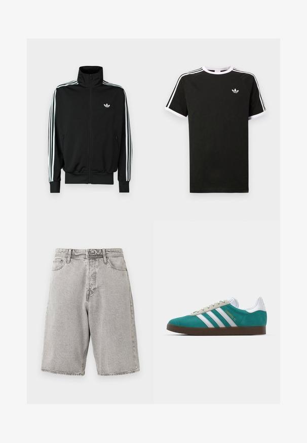 Giacca nera con zip frontale, collo alto, maniche lunghe con tre strisce bianche e piccolo logo sul petto. Tessuto dalla texture liscia.; T-shirt nera in cotone con dettagli bianchi. Presenta maniche corte, design raglan e un piccolo logo sul petto. Tre strisce bianche sulle spalle.; Shorts in denim grigio con vestibilità comoda, caratterizzati da un alto punto vita, cinque tasche e cuciture in vista, che offrono una finitura testurizzata.; adidas Originals ADIDAS GAZELLE SHOES - Scarpe da calcio indoor - liverpool fc/sea green/footwear white