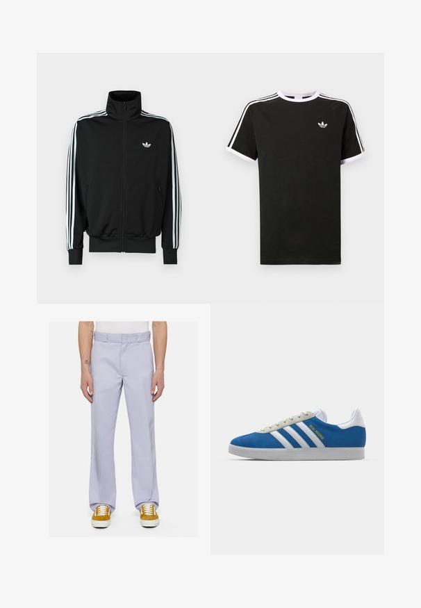 Svart hettejakke med glidelås, høy krage, lange ermer med tre hvite striper, og en liten logo på brystet. Glatt stofftekstur.; Svart t-skjorte laget av bomull med hvite detaljer. Har korte ermer, raglan-design og en liten logo på brystet. Tre hvite striper på skuldrene.; Lys lavendelfargede bukser laget av glatt stoff, med rette ben, stiftet midjebånd og minimalistisk design, kombinert med hvite sneakers.; adidas Originals ADIDAS GAZELLE SHOES - Innendørsfotballsko - real madrid/bluebird/footwear white/crew yellow