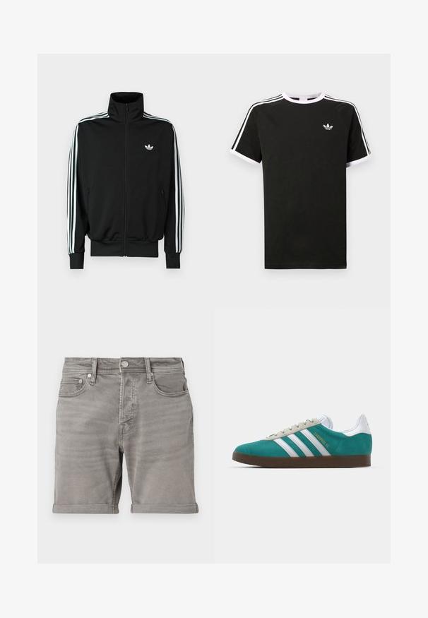 Μαύρο τζάκετ με φερμουάρ, ψηλό γιακά, μακριά μανίκια με τρεις λευκές ρίγες και μικρό λογότυπο στο στήθος. Λείο ύφασμα.; Μαύρο μπλουζάκι φτιαγμένο από βαμβάκι με άσπρες λεπτομέρειες. Διαθέτει κοντά μανίκια, ράγκλαν σχέδιο και ένα μικρό λογότυπο στο στήθος. Τρεις άσπρες ρίγες στους ώμους.; Γκρι τζιν σορτσάκια με κλασικό σχέδιο πέντε τσεπών, αναδιπλωμένο στρίφωμα και κούμπωμα από μέταλλο. Λείο υλικό με διακριτική φθορά.; adidas Originals ADIDAS GAZELLE SHOES - Μπότες ποδοσφαίρου εσωτερικού χώρου - liverpool fc/sea green/footwear white