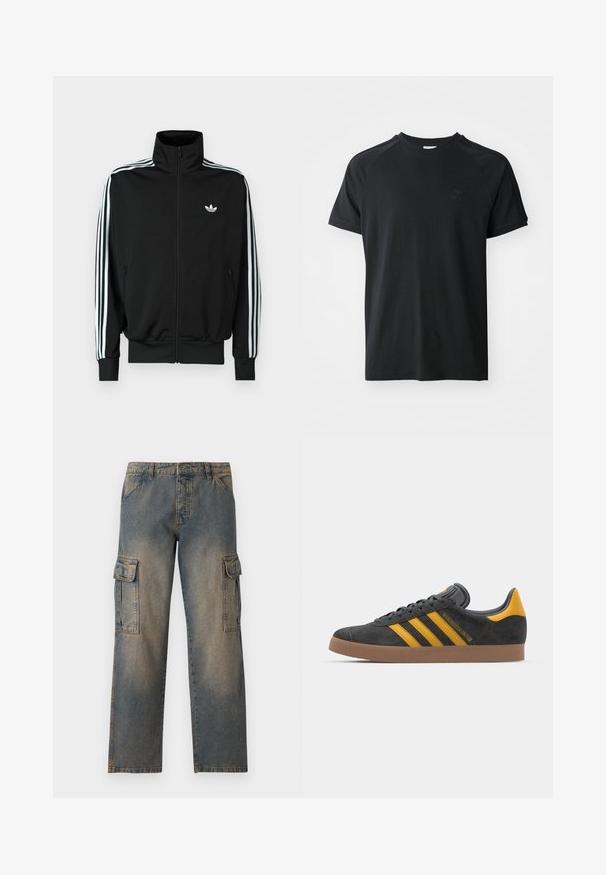 Black zip-up jacket featuring a high collar, long sleeves with three white stripes, and a small logo on the chest. Smooth fabric texture.; Black cotton t-shirt with a crew neck, short sleeves, and raglan design. Features a textured logo on the left chest. Smooth finish.; Denim cargo pants featuring a faded blue color, loose fit, two large side pockets, stitched seams, and a classic waistband design.; Black suede sneaker with yellow accents, featuring three stripes and a brown rubber sole. Includes a padded tongue for comfort.