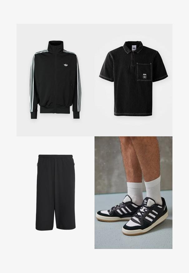 Čierna bunda na zips s vysokým golierom, dlhými rukávmi s tromi bielymi pruhmi a malým logom na hrudi. Hladká textúra látky.; Čierny polo tričko s krátkym rukávom a predným zipsom, biele vertikálne pruhy, náprsné vrecko s malým logom a textúrovaná tkanina.; Čierne športové šortky s elastickým pásom, s bočnými zipsami a hladkým, ľahkým materiálom. Jednoduchý, funkčný dizajn.; Čierno-biele tenisky s vrchom z semišu a kože, s troma bielymi pruhmi, perforovanou špičkou a gumovou podrážkou.