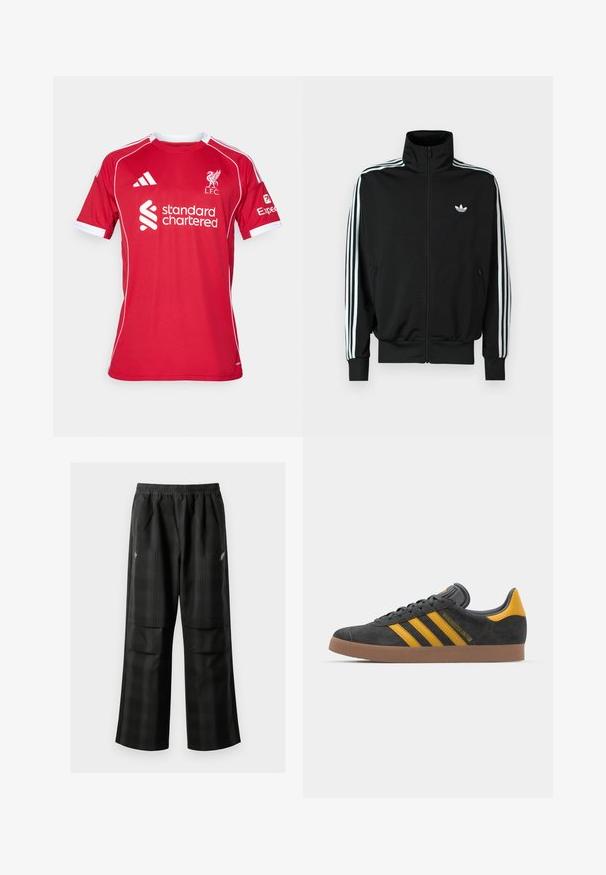 Casaco preto com fecho éclair, gola alta, mangas compridas com três riscas brancas e um pequeno logótipo no peito. Textura de tecido lisa.; Camisola de futebol curta de mangas vermelhas, feita de poliéster, com detalhes brancos, gola redonda e logótipos da L.F.C. e Standard Chartered.; Calças pretas em padrão xadrez com cintura elástica, dois bolsos frontais e um ajuste solto com design de perna reta. Feitas de material leve.; Tenis em camurça preta com detalhes amarelos, apresentando três riscas e uma sola de borracha castanha. Inclui uma língua acolchoada para maior conforto.