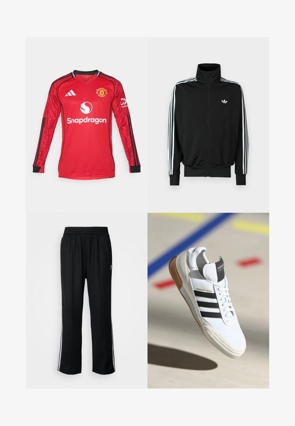 Juoda užsegama striukė su aukšta apykakle, ilgomis rankovėmis su trimis baltomis juostelėmis ir mažuoju logotipu ant krūtinės. Lygus audinio paviršius.; Raudona ilgomis rankovėmis futbolo marškinėliai su juodais akcentais, V formos iškirptė, Adidas logotipas, Manchester United emblema ir "Snapdragon" tekstas priekyje.; Juodi sportiniai keliai su elastingu juosmeniu, su baltais šonais ir mažu logotipu. Atrodo, kad medžiaga yra minkšta ir lengva.; Balti Adidas Mundial Goal sportiniai batai su juodomis juostelėmis ir guminiu padu, pavaizduoti ore virš sporto aikštelės grindų su spalvotomis linijomis.