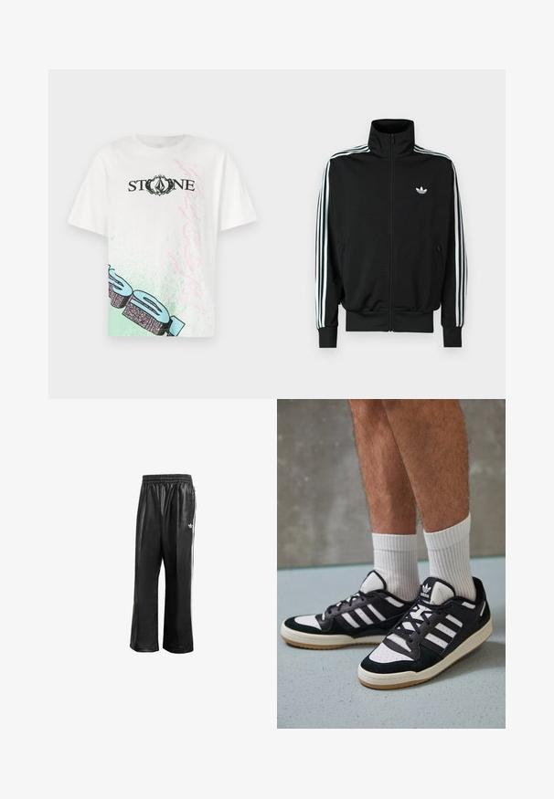 Jachetă neagră cu fermoar, cu guler înalt, mâneci lungi cu trei dungi albe și un mic logo pe piept. Textură netedă a țesăturii.; Tricou din bumbac alb cu inscripția "STONE" în negru, cu accente grafice verzi și roz pe față și o croială lejeră. Mâneci scurte.; Pantaloni de trening sintetici negri cu talie elastică, având dungi albe pe laturi și un mic logo alb pe şoldul stâng.; Adidași negri și albi cu un superior din suede și piele, prevăzuți cu trei dungi albe, un vârf perforat și o talpă din cauciuc caramel.
