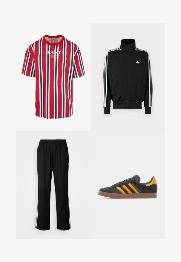 Musta vetoketjullinen takki, jossa on korkea kaulus, pitkät hihat kolmeen valkoiseen raitaan ja pieni logo rinnassa. Sileä kangaspinta.; Punaste, sinise ja valge triibuga lühikeste varrukatega t-särk ümmarguse kaelusega. Keskel on valge KANI logo. Valmistatud puuvillast.; Mustat urheiluhousut, joissa on joustava vyötärö, valkoiset sivuraidat ja pieni logo. Materiaali näyttää pehmeältä ja kevyeltä.; Mustat samettiset tennarit, joissa on keltaisia yksityiskohtia, kolmonen raita ja ruskea kumipohja. Sisältää pehmustetun kielisen mukavuutta varten.