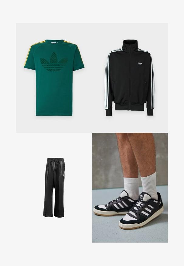 Casaco preto com fecho éclair, gola alta, mangas compridas com três riscas brancas e um pequeno logótipo no peito. Textura de tecido lisa.; T-shirt verde de manga curta com logótipo trefoil da Adidas em verde escuro e riscas amarelas nos ombros, sobre fundo branco.; Calças de treino sintéticas pretas com um cós elástico, apresentando riscas laterais brancas e um pequeno logótipo branco no quadril esquerdo.; Ténis em preto e branco com upper em camurça e couro, apresentando três riscas brancas, um toe perfurado e uma sola em borracha de goma.