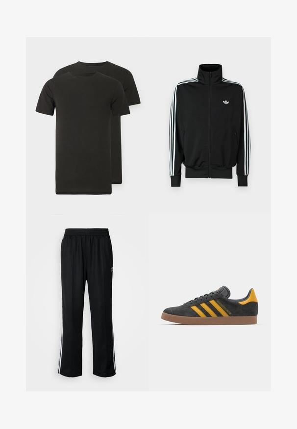 Juoda užsegama striukė su aukšta apykakle, ilgomis rankovėmis su trimis baltomis juostelėmis ir mažuoju logotipu ant krūtinės. Lygus audinio paviršius.; Du švelnaus audinio juodi marškinėliai su apvalia kaklo iškirpte. Trumpomis rankovėmis, tiesi apačia, be matomų raštų ar grafikos.; Juodi sportiniai keliai su elastingu juosmeniu, su baltais šonais ir mažu logotipu. Atrodo, kad medžiaga yra minkšta ir lengva.; Juodas zomšinės sportbačiai su geltonais akcentais, turintys tris juosteles ir rudą gumos padą. Apima paminkštintą liežuvėlį patogumui.