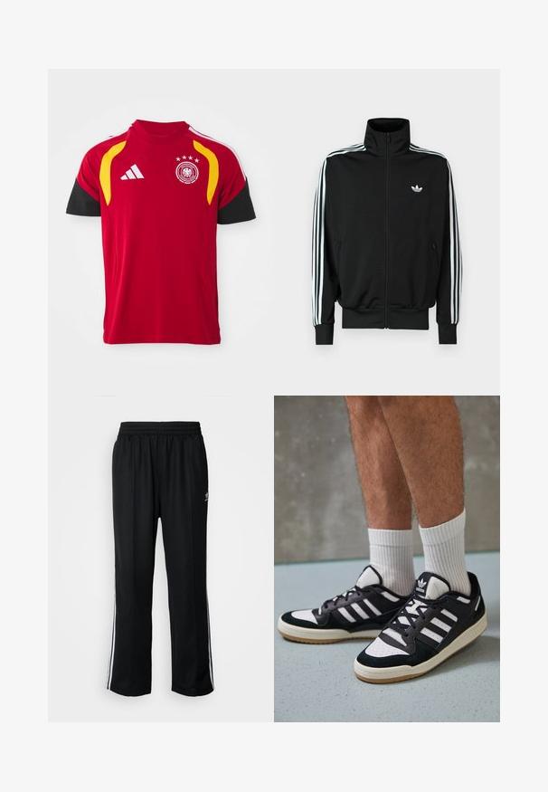 Black zip-up jacket featuring a high collar, long sleeves with three white stripes, and a small logo on the chest. Smooth fabric texture.; Red German national soccer jersey with black sleeves, yellow shoulder accents, Adidas logo, and team crest with four stars on chest.; Black athletic pants with an elastic waistband, featuring white side stripes and a small logo. Material appears soft and lightweight.; Black and white sneakers with a suede and leather upper, featuring three white stripes, a perforated toe, and a gum rubber sole.