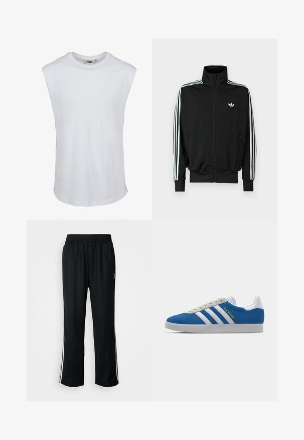 Schwarze Jacke mit Reißverschluss, hohem Kragen, langen Ärmeln mit drei weißen Streifen und einem kleinen Logo auf der Brust. Glatte Stoffstruktur.; Weißes ärmelloses T-Shirt aus Baumwolle. Glatte Textur mit rundem Halsausschnitt und geradem Saum. Keine Grafiken oder zusätzlichen Details.; Schwarze Sporthosen mit elastischem Bund, ausgestattet mit weißen Seitenstreifen und einem kleinen Logo. Das Material wirkt weich und leicht.; adidas Originals ADIDAS GAZELLE SHOES - Indoor-Fußballschuhe - real madrid/bluebird/footwear white/crew yellow
