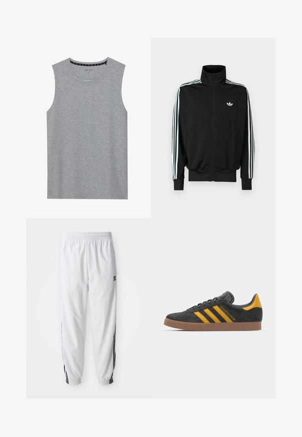 Casaco preto com fecho éclair, gola alta, mangas compridas com três riscas brancas e um pequeno logótipo no peito. Textura de tecido lisa.; Camiseta cinza sem mangas, feita de tecido macio, com um decote redondo e design minimalista, contendo detalhes de costura nos ombros.; Calças de treino brancas com riscas laterais pretas, cintura elástica e punhos; apresenta o logotipo da Adidas na coxa esquerda. Textura de tecido suave.; Tenis em camurça preta com detalhes amarelos, apresentando três riscas e uma sola de borracha castanha. Inclui uma língua acolchoada para maior conforto.