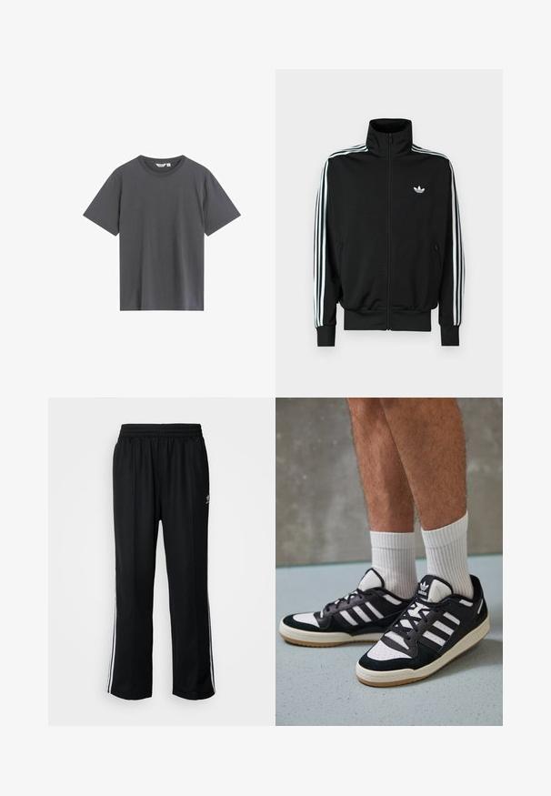 Zwarte jas met ritssluiting, hoge kraag, lange mouwen met drie witte strepen en een klein logo op de borst. Gladde stoftextuur.; Grijze t-shirt gemaakt van zacht katoen, met een klassieke ronde hals, korte mouwen en een ontspannen pasvorm zonder zichtbare patronen of accenten.; Zwarte sportbroeken met een elastische tailleband, voorzien van witte zijkanten en een klein logo. Het materiaal lijkt zacht en lichtgewicht te zijn.; Zwart-witte sneakers met een bovenwerk van suede en leer, voorzien van drie witte strepen, een geperforeerde neus en een rubberen gumzool.