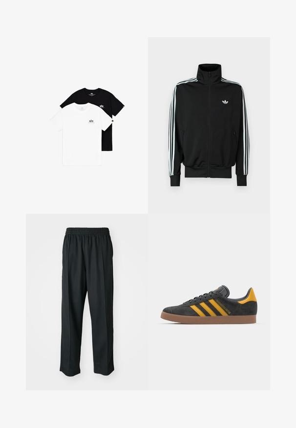 Must zip-up jope kõrge krae, pikad varrukad, millel on kolm valget triipu, ning väike logo rinnal. Sile kangapind.; Kaks ümmarguse kaelusega T-särki: üks valge ja teine must. Mõlemal on vasakul rinnal väikesed logo aktsendid. Valmistatud pehmest puuvillakangast.; Mustad mustasport püksid elastse vöökoha ja sileda kangaga, millel on tagasihoidlik külgõmblus ning lõdvestatud lõige, sirge jala disain.; Mustad sametist spordijalatsid kollaste aktsentidega, millel on kolm triipu ja pruun kummitald. Mugavuse tagamiseks on neil pehmendatud keele osa.