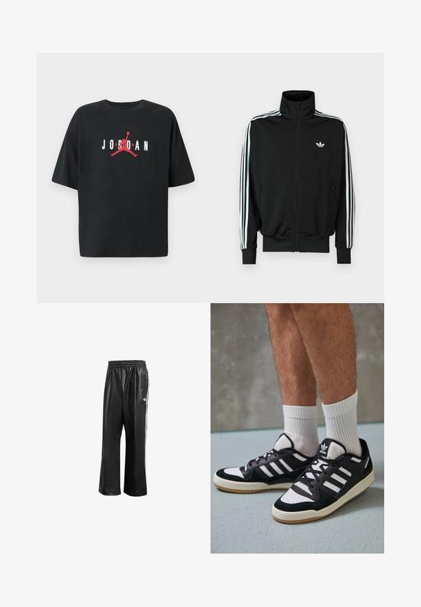 Melna rāvējslēdzēja jaka ar augstu apkakli, garām piedurknēm un trim baltām svītrām, kā arī nelielu logotipu uz krūtīm. Gluda auduma tekstūra.; Melna īsām piedurknēm T-krekli, kas izgatavots no kokvilnas, ar lielu sarkanu "JORDAN" logotipu un silueta grafiku centrā.; Melnas sintētiskas sporta bikses ar elastīgu jostasvietu, ar baltām sānu svītrām un mazu baltu logo kreisajā gurnā.; Melnas un baltas kedas ar zamša un ādas augšdaļu, kas aprīkotas ar trim baltām svītrām, perforētu purngali un gumijas zolēm.