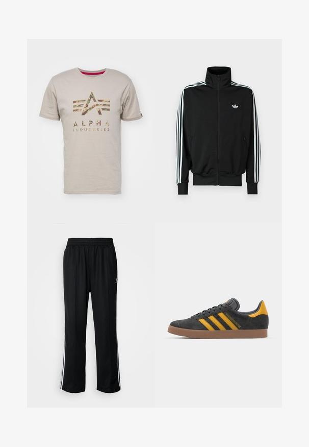Must zip-up jope kõrge krae, pikad varrukad, millel on kolm valget triipu, ning väike logo rinnal. Sile kangapind.; Beige puuvillane T-särk, millel on "ALPHA INDUSTRIES" kamuflaažimustri logo koos viie horisontaalse triibuga üleval, lühikesed varrukad ja ümmargune kaelus.; Mustad mustad spordipüksid elastse vöökohaga, millel on valged küljeread ja väike logo. Materjal tundub pehme ja kerge.; Mustad sametist spordijalatsid kollaste aktsentidega, millel on kolm triipu ja pruun kummitald. Mugavuse tagamiseks on neil pehmendatud keele osa.