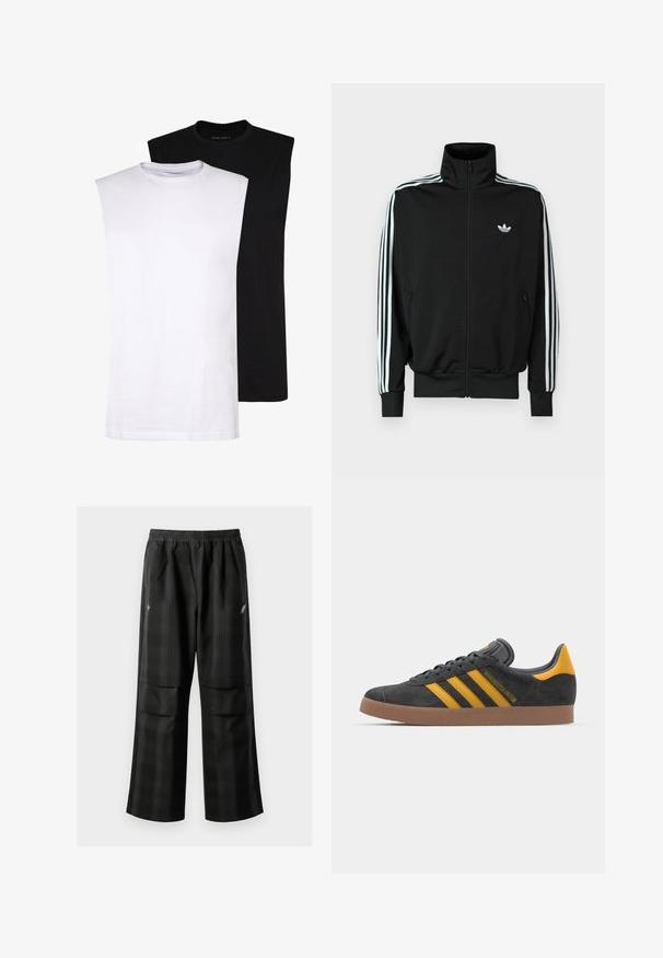 Svart hettejakke med glidelås, høy krage, lange ermer med tre hvite striper, og en liten logo på brystet. Glatt stofftekstur.; Hvite og svarte ermeløse bomulls-T-skjorter med rund hals, glatt tekstur og minimalistisk design. Passer for ulike uformelle anledninger.; Svarte rutete bukser med elastisk midje, to frontlommer og løs passform med rett ben-design. Laget av lett materiale.; Sort skinnesko i svart semsket skinn med gule detaljer, med tre striper og en brun gummisåle. Inkluderer en polstret tunge for komfort.