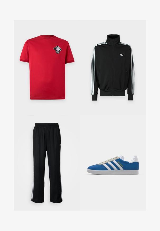 Μαύρο τζάκετ με φερμουάρ, ψηλό γιακά, μακριά μανίκια με τρεις λευκές ρίγες και μικρό λογότυπο στο στήθος. Λείο ύφασμα.; Κόκκινο βαμβακερό t-shirt με κοντά μανίκια, στρογγυλή λαιμόκοψη και πλακέτα με λογότυπο σε σχήμα διαμαντιού σε ασπρόμαυρο χρώμα στο αριστερό μέρος του στήθους.; Μαύρο αθλητικό παντελόνι με ελαστική μέση, διαθέτει λευκές ρίγες στο πλάι και ένα μικρό λογότυπο. Το υλικό φαίνεται μαλακό και ελαφρύ.; adidas Originals ADIDAS GAZELLE SHOES - Μπότες ποδοσφαίρου εσωτερικού χώρου - real madrid/bluebird/footwear white/crew yellow