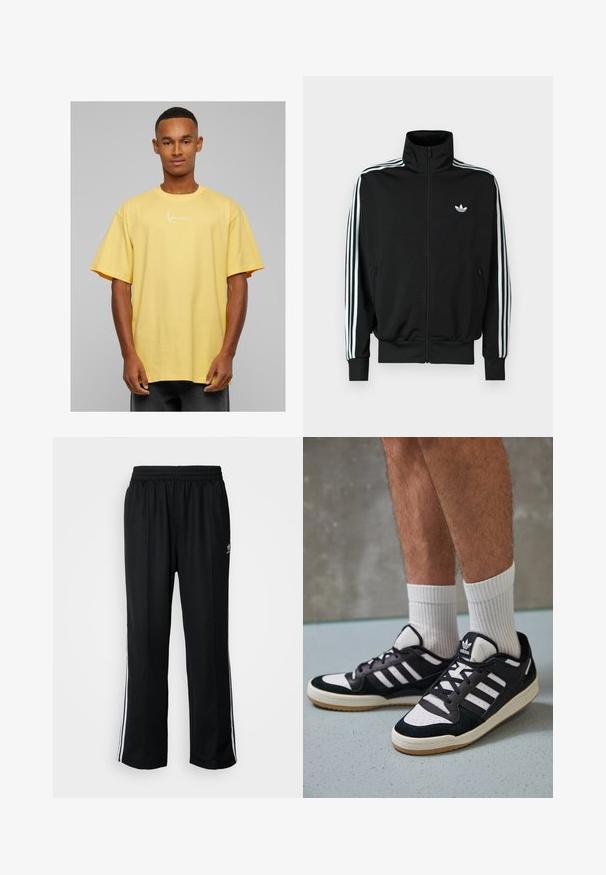 Fekete cipzáros dzseki magas gallérral, hosszú ujjakkal, amelyeken három fehér csík fut, valamint a mellrészen egy kis logó található. Sima anyagtextúra.; Sárga, pamut, oversized póló rövid ujjakkal, elöl fehér aláírás logóval és kerek nyakkivágással.; Fekete sportnadrág rugalmas derékrésszel, fehér oldalsávokkal és egy kis logóval. Az anyaga lágy és könnyűnek tűnik.; Fekete-fehér tornacipők velúr és bőr felsőrésszel, három fehér csíkkal, perforált orral és gumi talppal.