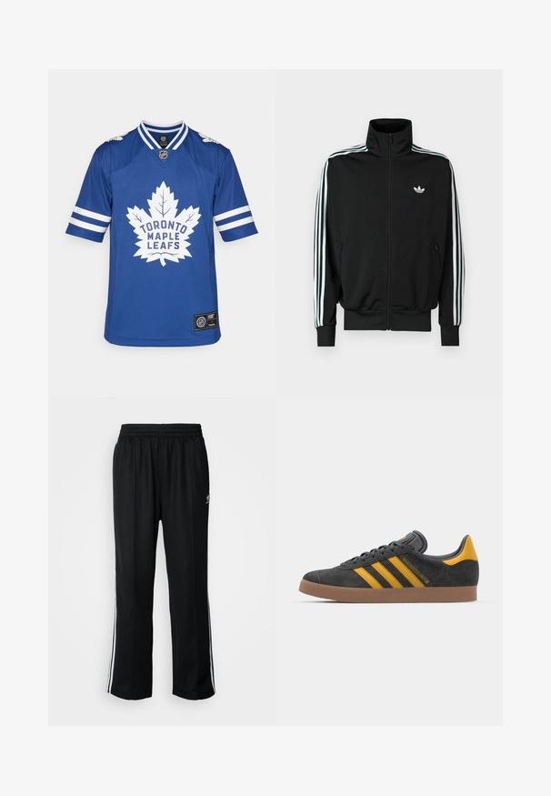 Melna rāvējslēdzēja jaka ar augstu apkakli, garām piedurknēm un trim baltām svītrām, kā arī nelielu logotipu uz krūtīm. Gluda auduma tekstūra.; Zila hokeja krekls ar lielu baltu kļavu lapas logotipu un tekstu "TORONTO MAPLE LEAFS". Svītru akcenti uz piedurknēm, apļa kakls.; Melni sporta bikses ar elastīgu jostas vietu, kurām ir baltas sānu svītras un neliels logotips. Materiāls izskatās mīksts un viegls.; Melnas zamšādas kedas ar dzelteniem akcentiem, kurām ir trīs svītras un brūna gumijas zole. Iekļauta mīksta valkāšanas tongue komfortam.