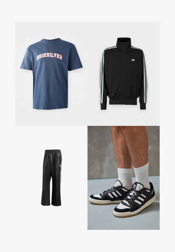 Juoda užsegama striukė su aukšta apykakle, ilgomis rankovėmis su trimis baltomis juostelėmis ir mažuoju logotipu ant krūtinės. Lygus audinio paviršius.; Tamsiai mėlynas trumpomis rankovėmis marškinėliai su "QUIKSILVER" baltomis ir rožinėmis universiteto stiliaus raidėmis krūtinėje.; Juodos sintetinių medžiagų treniruočių kelnės su elastingu juosmeniu, su baltomis šoninėmis juostelėmis ir mažuoju baltu logotipu kairėje klubo pusėje.; Juodos ir baltos sportinės bateliai su zomšiniu ir odiniu viršumi, su trimis baltomis juostelėmis, perforuota koja ir guminėmis padais.