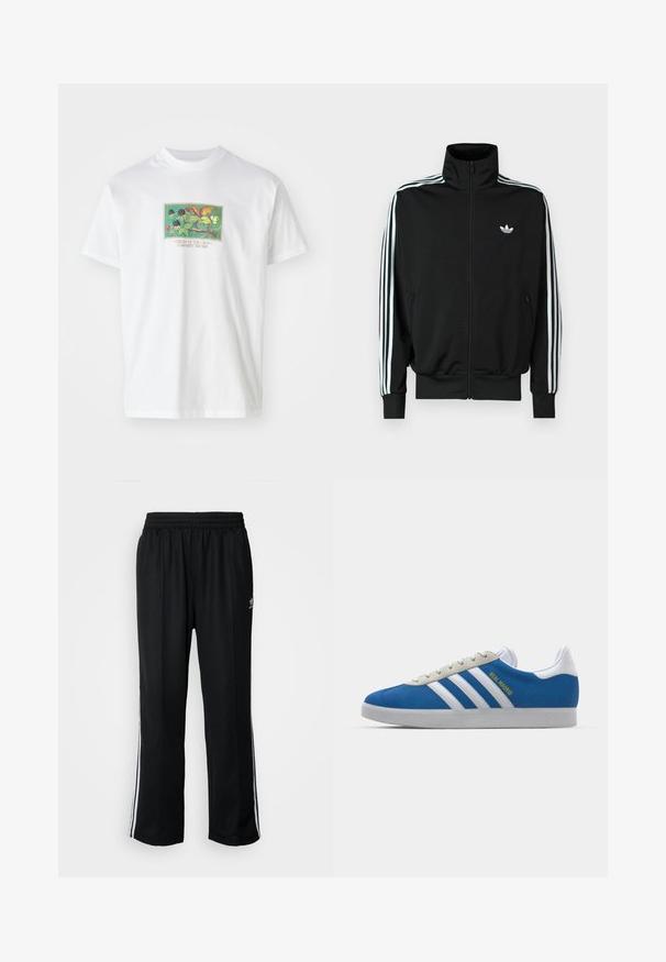 Μαύρο τζάκετ με φερμουάρ, ψηλό γιακά, μακριά μανίκια με τρεις λευκές ρίγες και μικρό λογότυπο στο στήθος. Λείο ύφασμα.; Λευκό βαμβακερό t-shirt με μια πολύχρωμη εικονογραφημένη γραφική παράσταση φυτών και φρούτων. Κείμενο από κάτω αναφέρει "CREAM OF THE CROP CARHARTT WIP 1989."; Μαύρο αθλητικό παντελόνι με ελαστική μέση, διαθέτει λευκές ρίγες στο πλάι και ένα μικρό λογότυπο. Το υλικό φαίνεται μαλακό και ελαφρύ.; adidas Originals ADIDAS GAZELLE SHOES - Μπότες ποδοσφαίρου εσωτερικού χώρου - real madrid/bluebird/footwear white/crew yellow