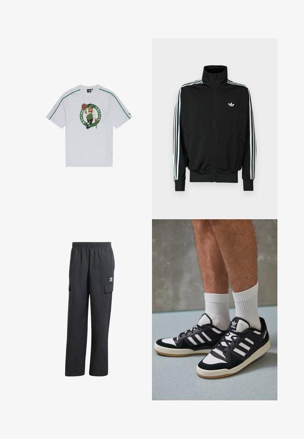 Svart hettejakke med glidelås, høy krage, lange ermer med tre hvite striper, og en liten logo på brystet. Glatt stofftekstur.; Hvit netting t-skjorte med korte ermer som har et grønt Boston Celtics-logo og karaktergrafikk i midten; inkludert grønn kant langs skuldrene.; Sorte cargo-bukser med elastisk linning, to sidelommer og en subtil logo på venstre lår. Fremstillet af et letvægtsstof.; Sorte og hvite sneakers med overdel i semsket skinn og lær, med tre hvite striper, perforert tå og en såle av gummi.