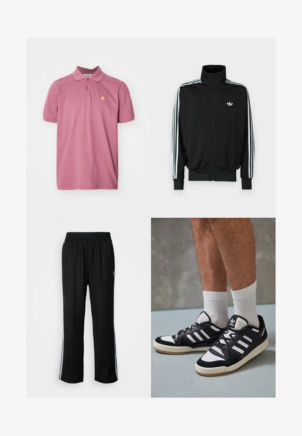Schwarze Jacke mit Reißverschluss, hohem Kragen, langen Ärmeln mit drei weißen Streifen und einem kleinen Logo auf der Brust. Glatte Stoffstruktur.; Kurzärmliges Poloshirt in verblasstem Rosaton, aus Baumwollstoff, mit einem Drei-Knopf-Verschluss und kleinem gesticktem Logo auf der linken Brust.; Schwarze Sporthosen mit elastischem Bund, ausgestattet mit weißen Seitenstreifen und einem kleinen Logo. Das Material wirkt weich und leicht.; Schwarz-weiße Sneaker mit einem Obermaterial aus Wildleder und Leder, ausgestattet mit drei weißen Streifen, einer perforierten Zehenpartie und einer Sohle aus Gummi.