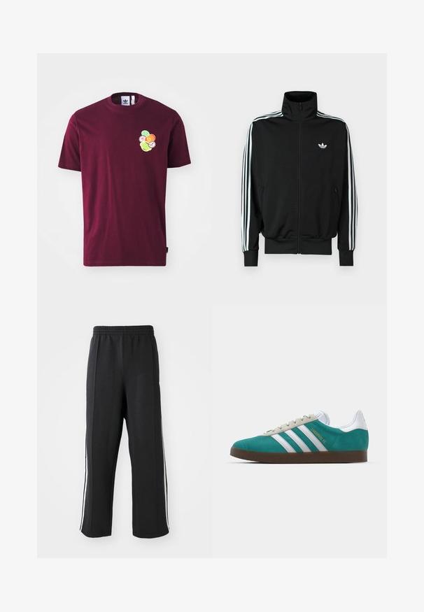Melna rāvējslēdzēja jaka ar augstu apkakli, garām piedurknēm un trim baltām svītrām, kā arī nelielu logotipu uz krūtīm. Gluda auduma tekstūra.; Bordo kokvilnas T-krekls ar īsām piedurknēm un klasisku apkakli. Iekļautas izšūtas grafikas kreisajā krūtī, tostarp krāsaini apļveida dizaini.; Melni sporta bikses ar elastīgu jostu, kurām ir baltas sānu joslas un brīvs piegrieziens. Izgatavotas no mīksta, elastīga auduma.; adidas Originals ADIDAS GAZELLE SHOES - Futbola apavi iekštelpām - liverpool fc/sea green/footwear white
