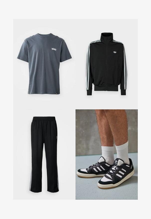 Juoda užsegama striukė su aukšta apykakle, ilgomis rankovėmis su trimis baltomis juostelėmis ir mažuoju logotipu ant krūtinės. Lygus audinio paviršius.; Tamsiai pilkas medvilninis marškinėlis su trumpomis rankovėmis ir apvaliu kaklu. Yra mažas baltas logotipas ant krūtinės ir etiketė apatinėje siūlės pusėje.; Juodi sportiniai keliai su elastingu juosmeniu, su baltais šonais ir mažu logotipu. Atrodo, kad medžiaga yra minkšta ir lengva.; Juodos ir baltos sportinės bateliai su zomšiniu ir odiniu viršumi, su trimis baltomis juostelėmis, perforuota koja ir guminėmis padais.