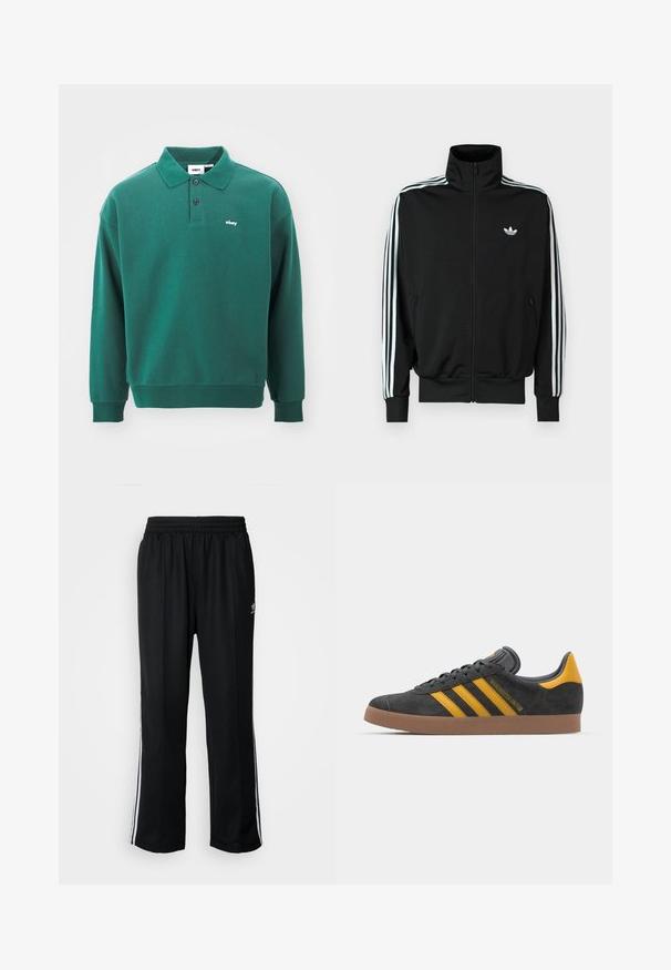 Fekete cipzáros dzseki magas gallérral, hosszú ujjakkal, amelyeken három fehér csík fut, valamint a mellrészen egy kis logó található. Sima anyagtextúra.; Obey Clothing LOWERCASE - Hosszú ujjú felső - rain forest; Fekete sportnadrág rugalmas derékrésszel, fehér oldalsávokkal és egy kis logóval. Az anyaga lágy és könnyűnek tűnik.; Fekete velúrbőr sportcipő sárga díszítéssel, három csíkkal és barna gumitalppal. Párnázott nyelvével a kényelem érdekében.