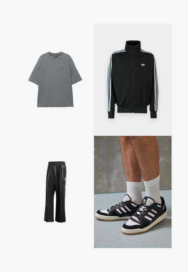 Jachetă neagră cu fermoar, cu guler înalt, mâneci lungi cu trei dungi albe și un mic logo pe piept. Textură netedă a țesăturii.; Tricou gri cu mânecă scurtă și decolteu rotund, realizat din bumbac, cu un logo subtil brodat pe piept. Textură moale.; Pantaloni de trening sintetici negri cu talie elastică, având dungi albe pe laturi și un mic logo alb pe şoldul stâng.; Adidași negri și albi cu un superior din suede și piele, prevăzuți cu trei dungi albe, un vârf perforat și o talpă din cauciuc caramel.
