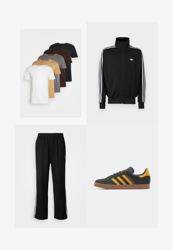 Fekete cipzáros dzseki magas gallérral, hosszú ujjakkal, amelyeken három fehér csík fut, valamint a mellrészen egy kis logó található. Sima anyagtextúra.; Öt crew neck póló fehér, bézs, szürke, barna és fekete színben. Rövid ujjú, standard fit, puha pamut anyagból készült.; Fekete sportnadrág rugalmas derékrésszel, fehér oldalsávokkal és egy kis logóval. Az anyaga lágy és könnyűnek tűnik.; Fekete velúrbőr sportcipő sárga díszítéssel, három csíkkal és barna gumitalppal. Párnázott nyelvével a kényelem érdekében.