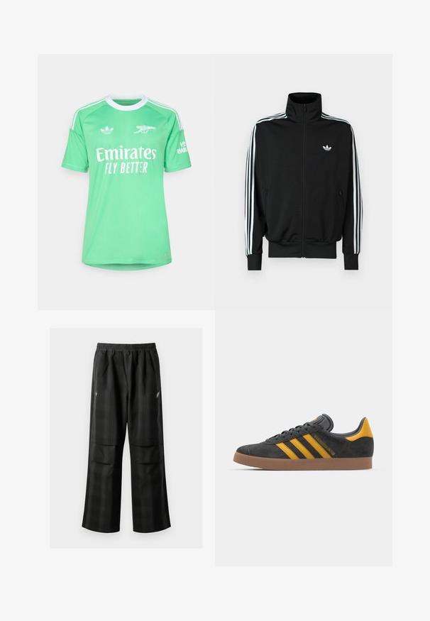 Jachetă neagră cu fermoar, cu guler înalt, mâneci lungi cu trei dungi albe și un mic logo pe piept. Textură netedă a țesăturii.; adidas Performance ARSENAL FC 25/26 3RD GOALKEEPER JERSEY - Echipament cluburi fotbal - semi screaming green/white; Pantaloni cu un model carourile negre, având talie elastică, două buzunare frontale și un croi lejer cu picioare drepte. Construiți dintr-un material ușor.; Tenisi negri din suede cu accente galbene, având trei dungi și o talpă din cauciuc maroniu. Include un limba căptușită pentru confort.
