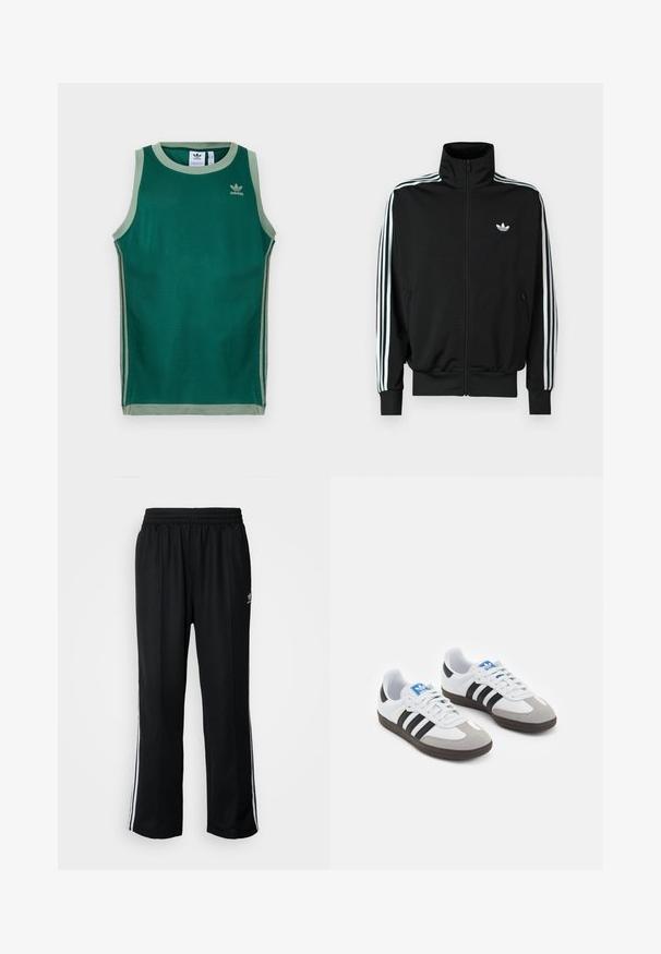 Casaco preto com fecho éclair, gola alta, mangas compridas com três riscas brancas e um pequeno logótipo no peito. Textura de tecido lisa.; Camisola desportiva verde sem mangas feita de tecido em malha. Apresenta um acabamento verde claro e riscas laterais. Contém o logotipo da Adidas em dourado.; Calças atléticas pretas com um cós elástico, apresentando riscas brancas laterais e um pequeno logótipo. O material parece macio e leve.; Ténis desportivos com um cabedal em pele branca, biqueira em camurça cinza e três riscas pretas. Apresenta um logo azul na língua e uma sola de borracha texturizada.