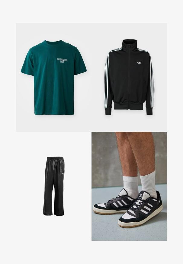 Svart hettejakke med glidelås, høy krage, lange ermer med tre hvite striper, og en liten logo på brystet. Glatt stofftekstur.; Teal bomulls t-skjorte med korte ermer og rund hals. Inkluderer hvit "Carhartt WIP" logo på venstre bryst. Enkel design, rett snitt.; Sorte syntetiske treningsbukser med elastisk midje, som har hvite sidestreker og en liten hvit logo på venstre hofte.; Sorte og hvite sneakers med overdel i semsket skinn og lær, med tre hvite striper, perforert tå og en såle av gummi.
