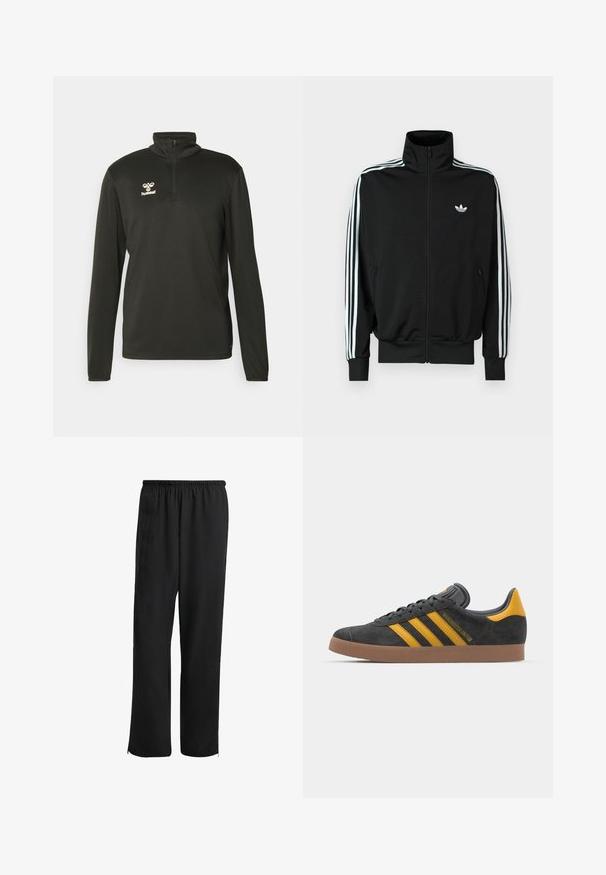 Schwarze Jacke mit Reißverschluss, hohem Kragen, langen Ärmeln mit drei weißen Streifen und einem kleinen Logo auf der Brust. Glatte Stoffstruktur.; Schwarzer Pullover mit langen Ärmeln und hohem Kragen, ausgestattet mit einem Viertelreißverschluss und einem kleinen weißen Logo auf der Brust. Hergestellt aus einem glatten, dehnbaren Material.; Schwarze Sporthose mit elastischem Bund, geradem Bein, seitlichen Taschen und Reißverschlussabschlüssen, aus einem glatten, leichten Stoff gefertigt.; Schwarze Wildledersneaker mit gelben Akzenten, ausgestattet mit drei Streifen und einer braunen Gummisohle. Enthält eine gepolsterte Zunge für zusätzlichen Komfort.