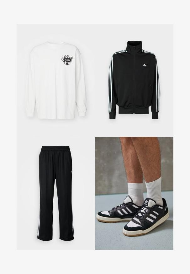 Black zip-up jacket featuring a high collar, long sleeves with three white stripes, and a small logo on the chest. Smooth fabric texture.; Manastash TEE BANDANA - Long sleeved top - white; Black athletic pants with an elastic waistband, featuring white side stripes and a small logo. Material appears soft and lightweight.; Black and white sneakers with a suede and leather upper, featuring three white stripes, a perforated toe, and a gum rubber sole.