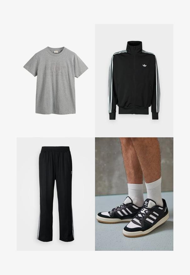 Črna jakna z zadrgo, visokim ovratnikom, dolgimi rokavi s tremi belimi črtami in majhnim logotipom na prsih. Gladek tekstura tkanine.; Siva bombažna majica s kratkimi rokavi, okroglo izrezana, z dvignjenim dizajnom logotipa, ki vključuje "GANT" in "American Sportswear."; Črne atletske hlače z elastičnim pasom, ki imajo bele stranske črte in majhen logo. Material izgleda mehak in lahek.; Črno-bele superge z zgornjim delom iz usnja in nubuka, ki imajo tri bele črte, perforiran vrh prstov in podplat iz gume.