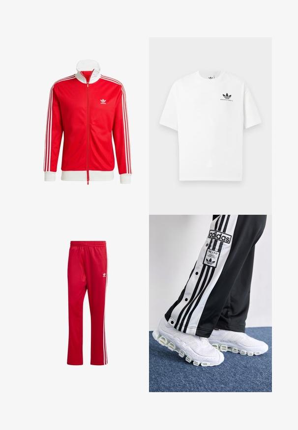 Rote Trackjacke aus glattem Material mit weißen Akzenten. Verfügt über einen hohen Kragen, einen durchgehenden Reißverschluss und drei weiße Streifen an jedem Ärmel.; Weißes Baumwoll-T-Shirt mit kurzen Ärmeln, das ein schwarzes "BASKETBALL"-Logo und ein ikonisches Drei-Streifen-Design auf der Vorderseite aufweist.; Rote Sporthosen aus glattem Stoff mit weißen Seitenstreifen und einem gestickten Logo am linken Oberschenkel. Mit elastischem Taillengummi.; Schwarze und weiße Adidas Trainingshose mit drei Streifen und Druckknöpfen, kombiniert mit weißen Sneakers mit einer dicken, röhrenförmigen Sohle.