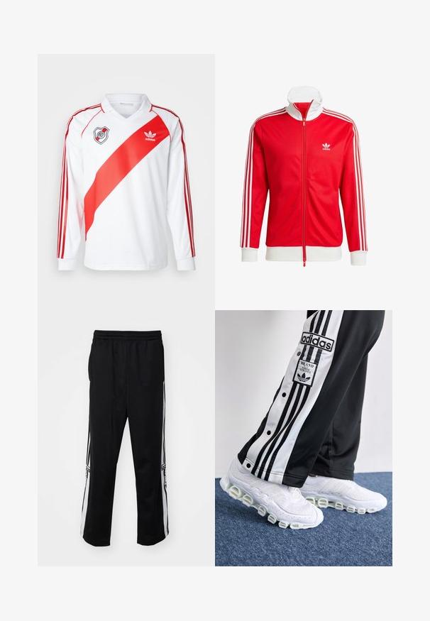 Punane jälgimisjakk, mis on valmistatud siledast kangast valgete detailidega. Omab kõrget kaelust, täispikki tõmblukke ja kolme valget triipu igal varrukal.; adidas Originals RIVER PLATE JERSEY 94 - Klubiriided - white/red; Musta sportlikud püksid, mis on valmistatud siledast kangast, valgete külgedega triipudega ja mugava elastse vöökohtaga. Pole märgatavaid detaile ega mustreid.; Adidase mustriided mustas ja valges, kolmega triibuga ja nupuga, koos valgete tossudega, millel on paks, torujalg.