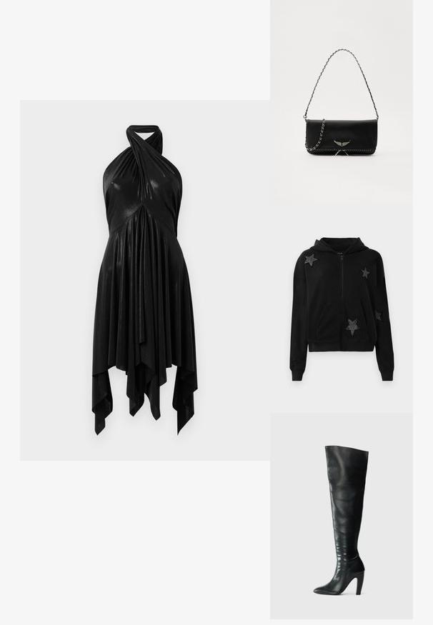 Czarna bluza z kapturem na suwak, z przednimi kieszeniami, ozdobiona czterema czarnymi łatami w kształcie gwiazdy, zdobionymi drobnymi koralikami.; Czarna sukienka na halter z drapowanym wzorem. Wykonana z błyszczącego materiału, z skręconym dekoltem i asymetrycznym dołem. Gładka tekstura.; Czarne skórzane botki za kolano o dopasowanym fasonie, spiczastym nosku i wysokim obcasie. Gładka tekstura i minimalistyczny styl.; Czarna skórzana torebka z srebrnym łańcuszkiem, ozdobiona dekoracyjnymi skrzydłami i białym przeszyciem wzdłuż dolnego szwu.