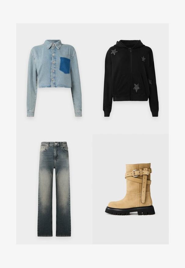 Mustmustelane tõmblukuga kapuutsiga jakki, millel on esiküljel taskud ja kaunistatud neli musta tähepatši, mis on kaunistatud väikeste pärlitega.; Hele helesinise lühike teksajakk pikkade varrukatega, hõbedaste nuppudega ees ja tummiselt sinise plaastriga taskuga vasakul rinnal.; Kõrge vöökohaga sirged teksad, millel on pleekinud heleda ja tumeda denimi pesu ning klassikaline viie-tasku disain.; Kohvatu nubukist keskmise pikkusega saabaste paari musta paksu tallaga, hõbedaste kinnitusribadega, mis ristuvad küljel, ja reljeefse Moschino Milano logoga peal.